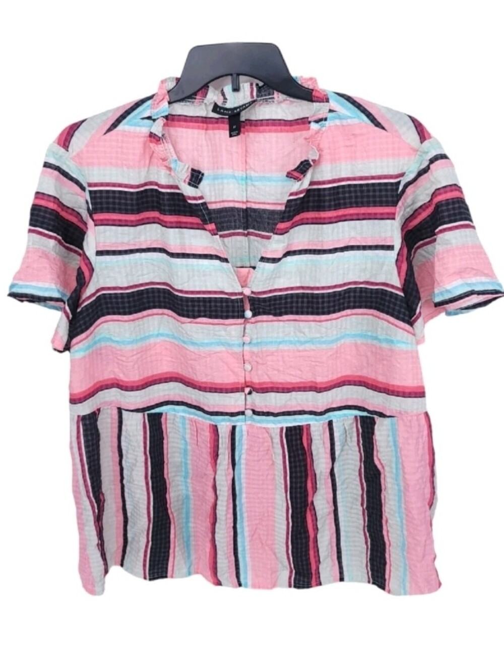 Lane Bryant Top Womens 22 Peplum V Neck Button Striped Blouse Short Sleeve Rayon